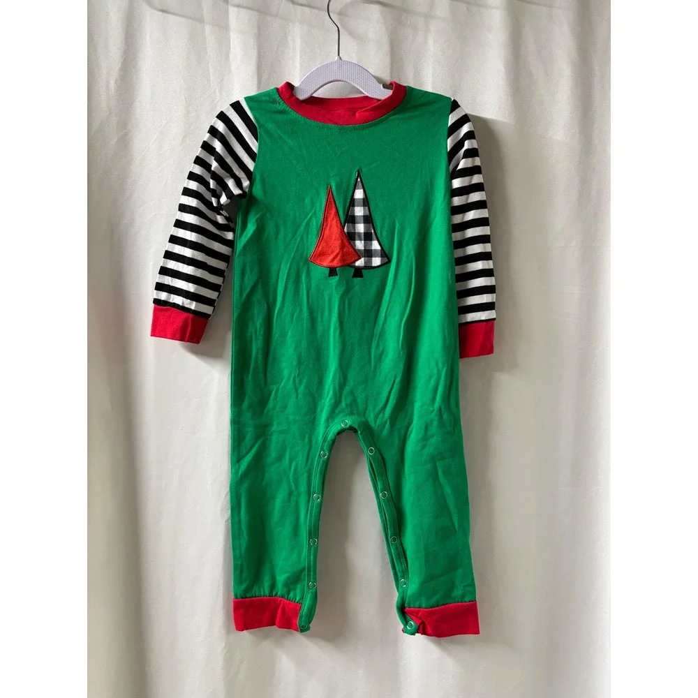 Kids Christmas Pajamas Green Red Plaid Tree Long Sleeve One Piece 18 mo NWOT
